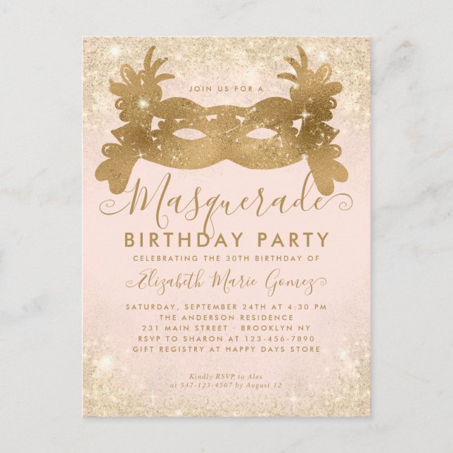Carte Postale Masquerade Blush Rose Gold Parties scintillant fêt (Devant)