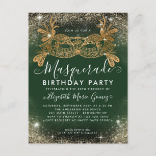 Carte Postale Masquerade Green Gold Parties scintillant Poussièr