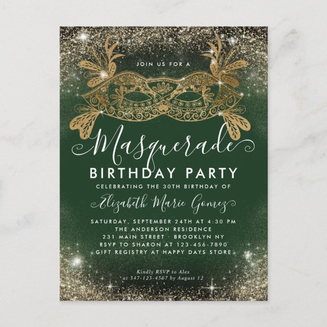 Carte Postale Masquerade Green Gold Parties scintillant Poussièr (Devant)