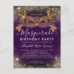 Carte Postale Masquerade Purple Gold Parties scintillant Dust An