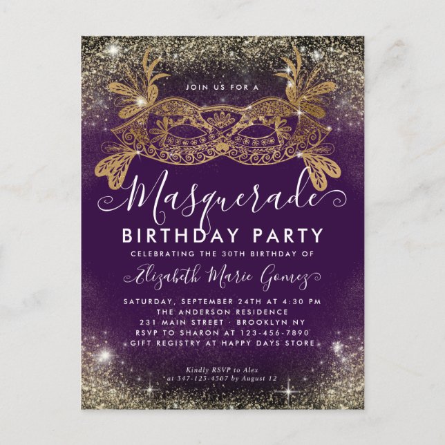 Carte Postale Masquerade Purple Gold Parties scintillant Dust An (Devant)
