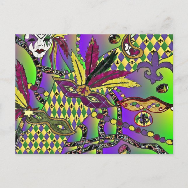 Carte Postale Masques de plumes de mardi gras psychédélique (Devant)