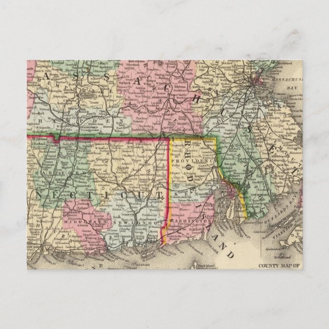 Carte Postale Mass, Conn, RI Map par Mitchell (Devant)