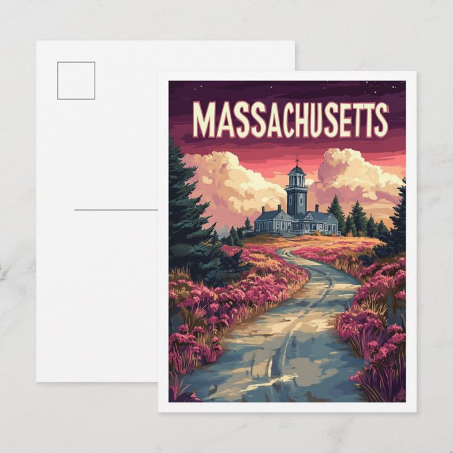 Carte Postale Massachusetts USA Art Vintage Illustration Voyage (Devant / Derrière)