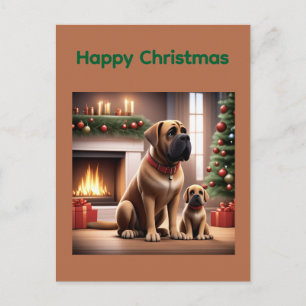 Carte Postale Mastiff Dogue de Noël Cheminée