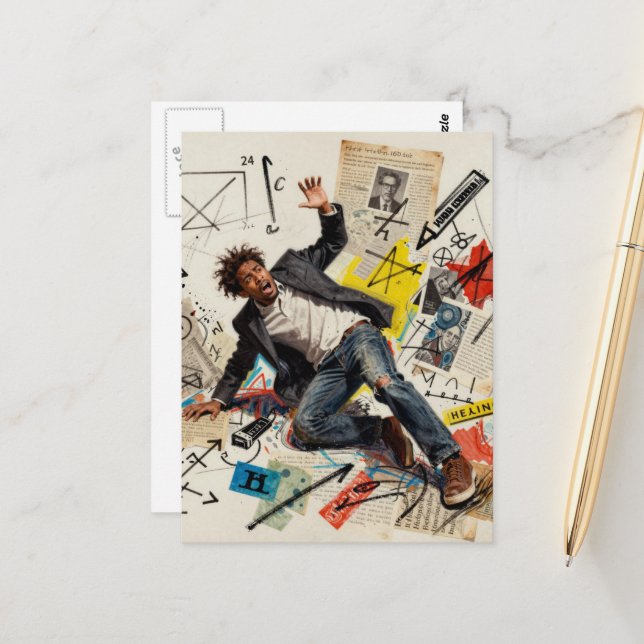 Carte Postale Math is Hard Man Mixed Media Collage (Devant/Arrière en situation)