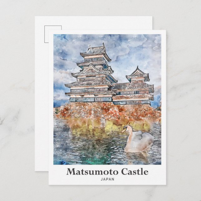 Carte Postale Matsumoto Castle Japon Voyage Aquarelle croquis (Devant / Derrière)