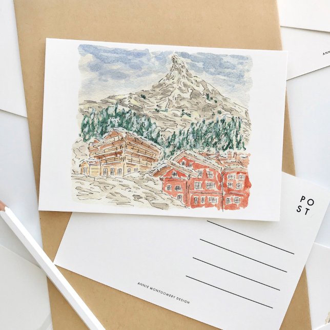 Carte postale Matterhorn Swiss Alps Watercolor (The Matterhorn Swiss Alps watercolor travel postcard.)