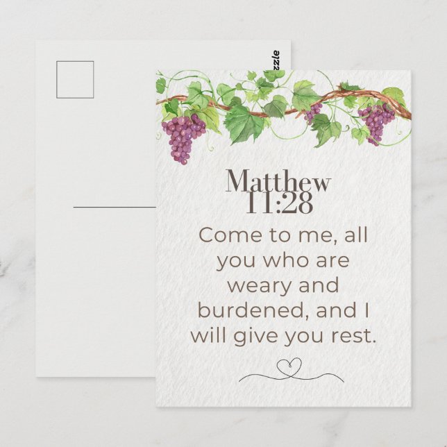 Carte Postale Matthieu 11:28 Venez à moi Écriture | Vigne (Devant / Derrière)