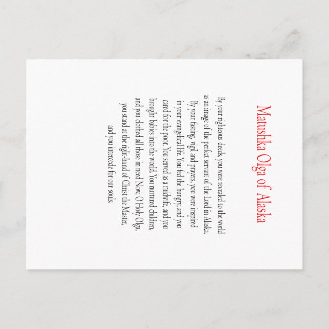 Carte Postale Matushka Olga of Alaska Prayer Card (Dos)