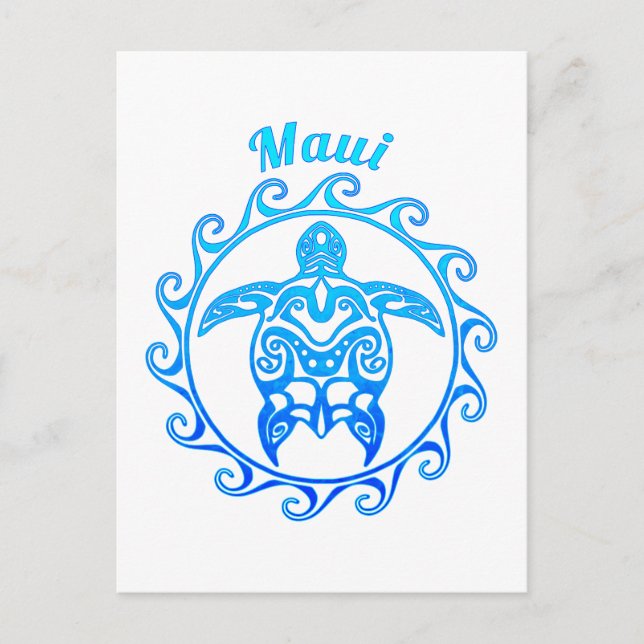 Carte Postale Maui Tortue Tribale Bleue (Devant)