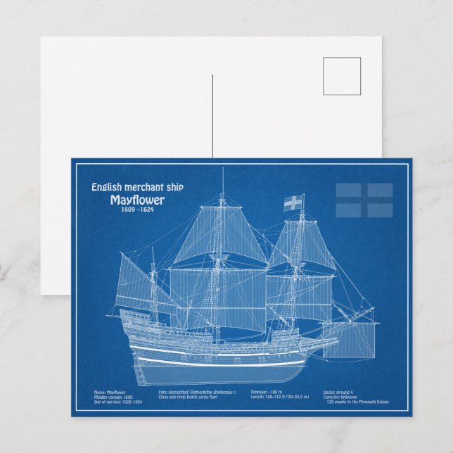 Carte Postale Mayflower - Plan directeur des navires ABD (Devant / Derrière)
