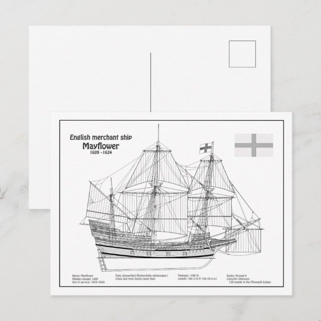 Carte Postale Mayflower - Plan directeur des navires BD (Devant / Derrière)