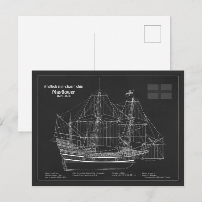 Carte Postale Mayflower - Plan directeur des navires PD (Devant / Derrière)