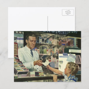 Carte Postale Médecine Vintage, Pharmacien et Fille à la Pharmac