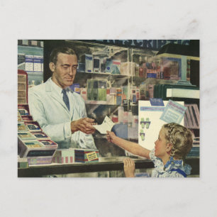 Carte Postale Médecine vintage, pharmacienne et fille en pharmac