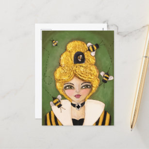 Carte Postale Médias mixtes Queen Bee Hive Girl Fun Whimsical Ar