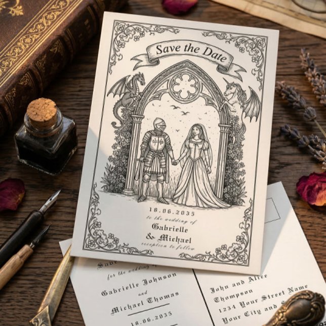 Carte Postale Medieval Gothic Knight Bride Groom Save The Date (Créateur téléchargé)