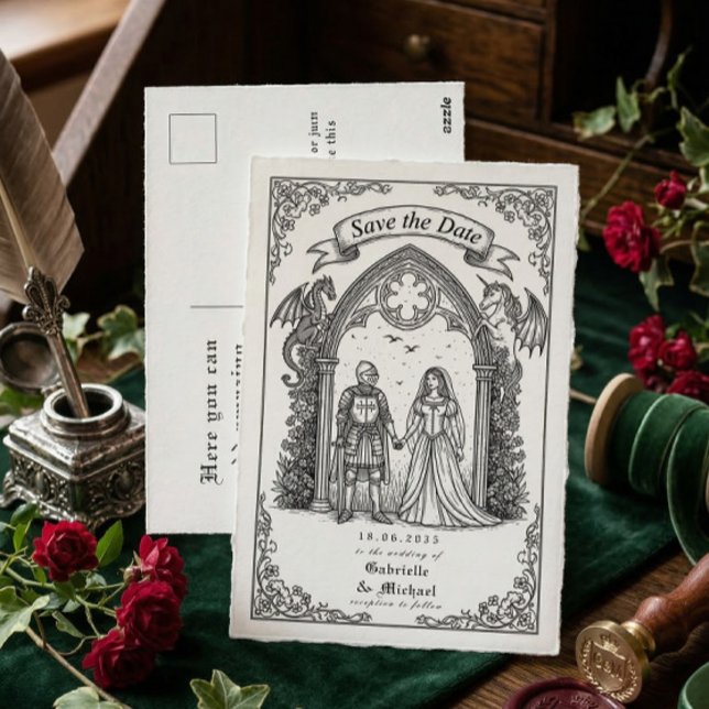 Carte Postale Medieval Gothic Knight Bride Groom Save The Date (Créateur téléchargé)