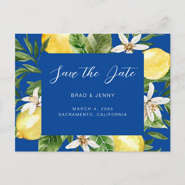 Carte Postale Méditerranéen Lemons Mariage Bleu Save the Date  (Devant)