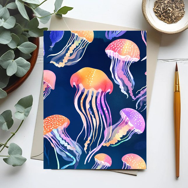 Carte Postale Méduse Colorée | Aquarelle d'Animal Marin (Créateur téléchargé)