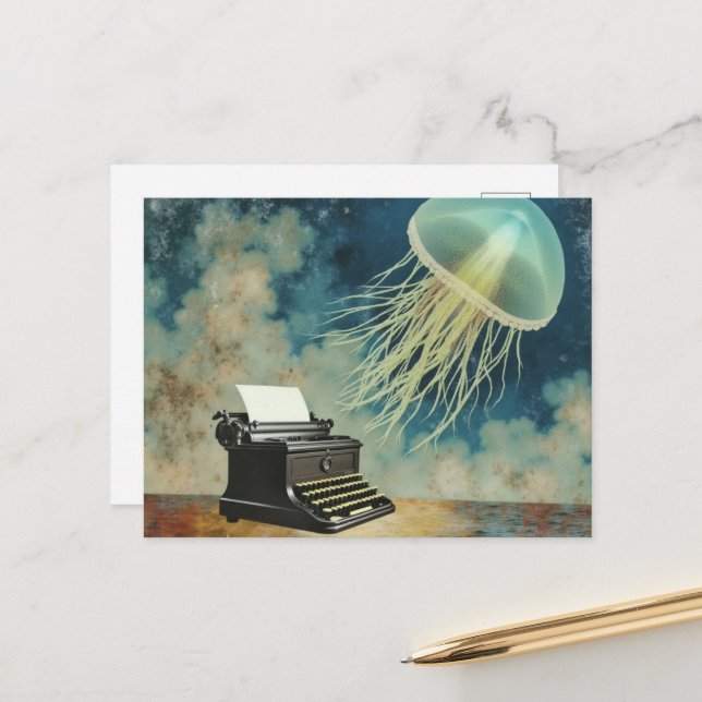 Carte Postale Méduse et machine à écrire (Devant/Arrière en situation)