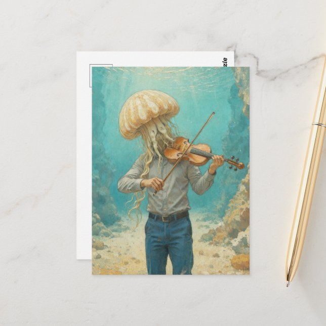 Carte Postale Méduse faisant de la musique dans la mer (Devant/Arrière en situation)