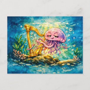 Carte Postale Méduse jouant de la harpe dessin animé