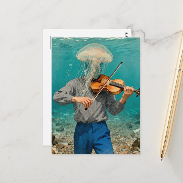 Carte Postale Méduse Ridicule Faisant de la Musique (Devant/Arrière en situation)