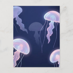 Carte Postale Méduses iridescentes lumineuses bleu profond rose 