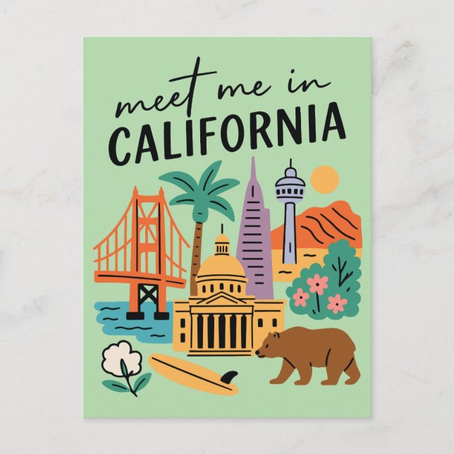 Carte Postale Meet Me In California Golden Gate Bear Retro (Devant)
