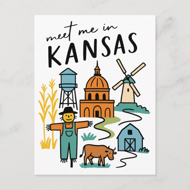 Carte Postale Meet Me In Kansas Retro Farm Scarecrow Windmill (Devant)
