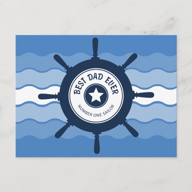 Carte Postale Meilleur papa Ever Blue Ships Roue et Vagues (Devant)