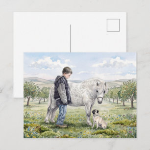 Carte Postale Meilleurs amis-Enfant avec poney et chien dans un