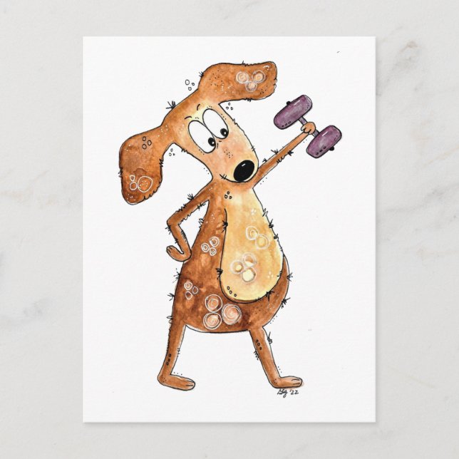Carte Postale Mélange Whimsical Brown Chien Poids de levage (Devant)
