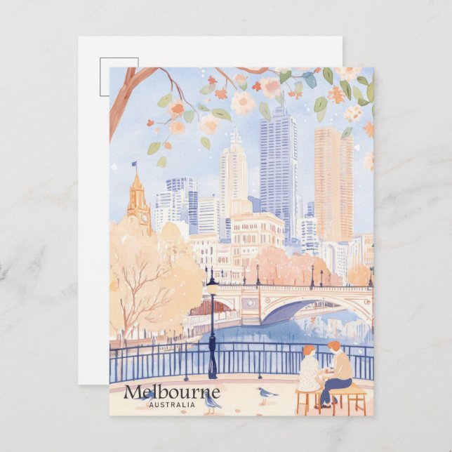 Carte Postale Melbourne Australie Gouache Illustration Voyage (Devant / Derrière)