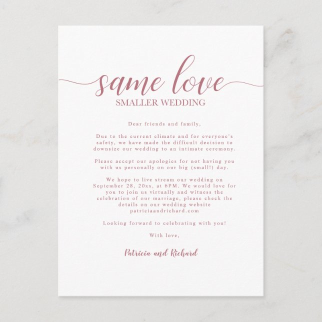 Carte Postale Même amour, mariage réduit en or rose (Devant)