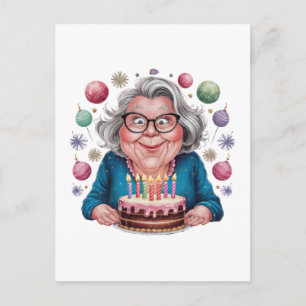 Carte Postale Mémé drôle qui regarde le gâteau d'anniversaire Ar