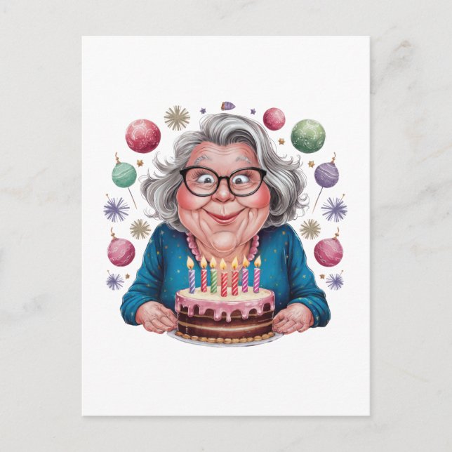 Carte Postale Mémé drôle qui regarde le gâteau d'anniversaire Ar (Devant)
