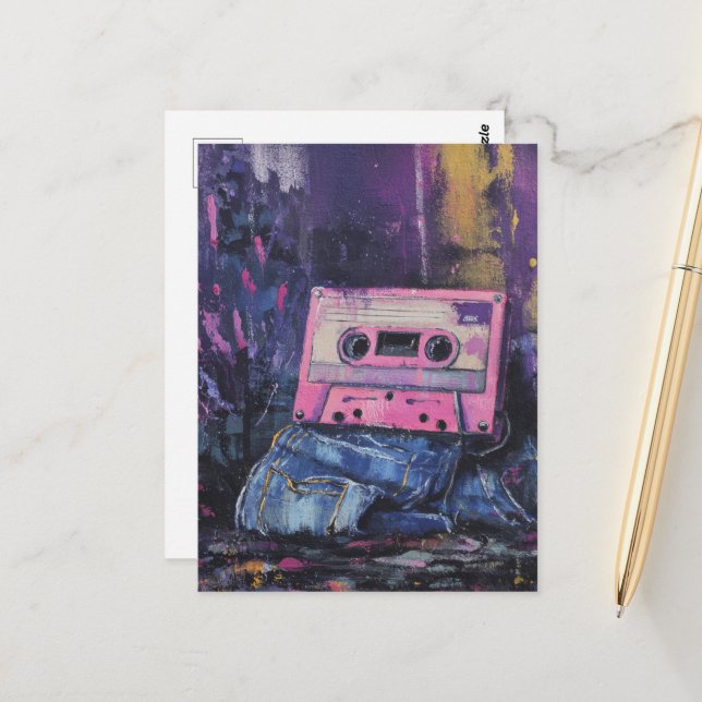 Carte Postale Mémoires Rétro Denim et Cassette Audio (Devant/Arrière en situation)