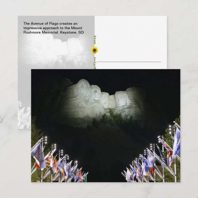 Carte Postale Mémorial du mont Rushmore - éclairage nocturne - (Devant / Derrière)