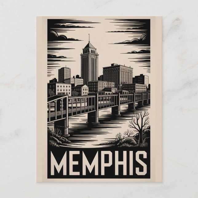 Carte Postale Memphis Tennessee Skyline Noir Blanc Gravure sur B (Devant)