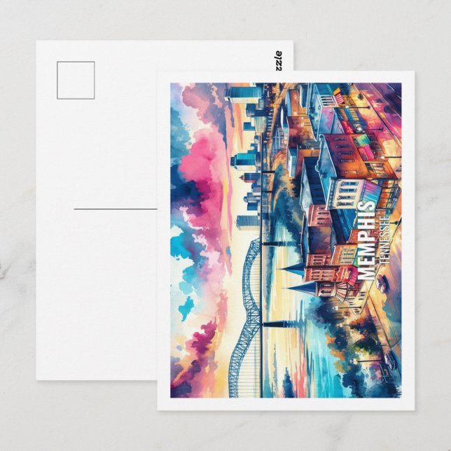 Carte Postale Memphis Tennessee USA Famous Place aquarelle (Devant / Derrière)