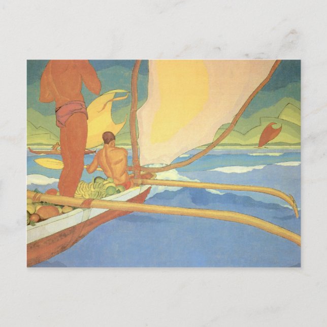 Carte Postale 'Men in an Outrigger Canoe Headed for Shore' (Devant)