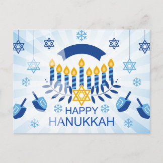 Carte Postale Menorah bleue avec l'étoile d'or de David