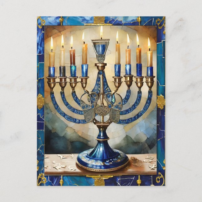 Carte Postale Menorah de Hanukkah bleue (Devant)