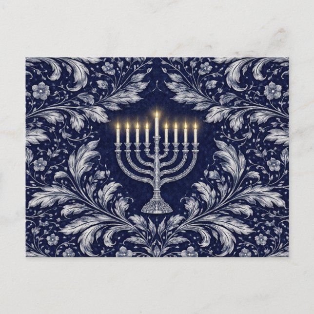 Carte Postale Menorah Navy Profond Motif William Morris (Devant)