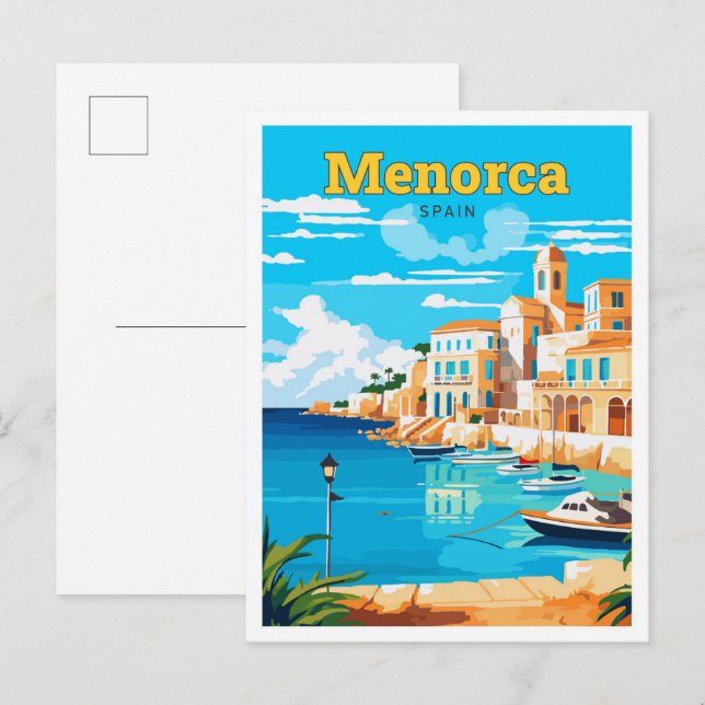 Carte Postale Menorca Espagne Voyage Art Vintage Illustration (Devant / Derrière)