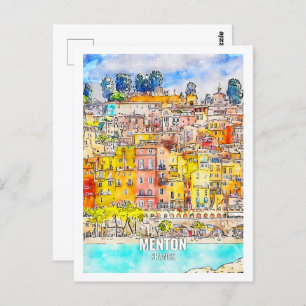 Carte Postale Menton France Fameux Travel Place Aquarelle