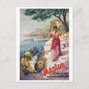 Carte Postale Menton, France, fille avec panier à tête sur la cô